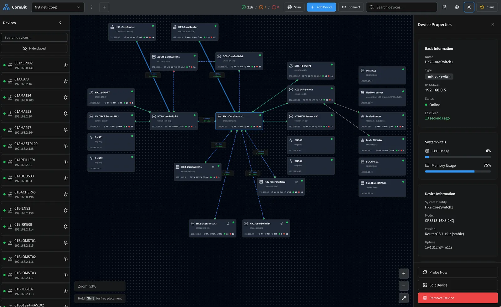Interactive topology map — live status, device details and per-link bandwidth.