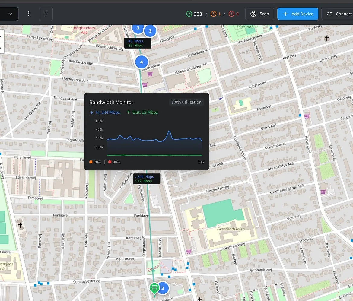 Place devices on real-world maps and watch bandwidth on the wire.