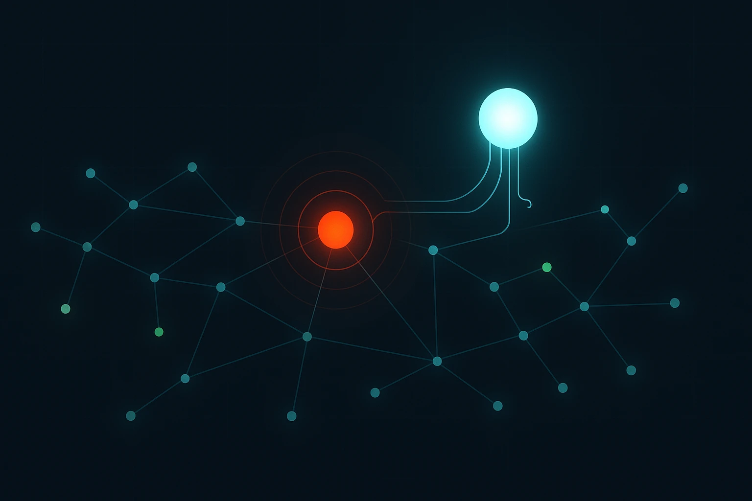Illustration of an AI first responder investigating an alerted node on a glowing network topology map